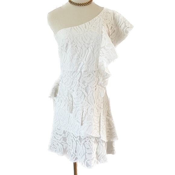 Borgo De Nor Lisa Mini Dress Ivory Lace Tiered Ruffle One Shoulder size US S 4/6 - Picture 2 of 12